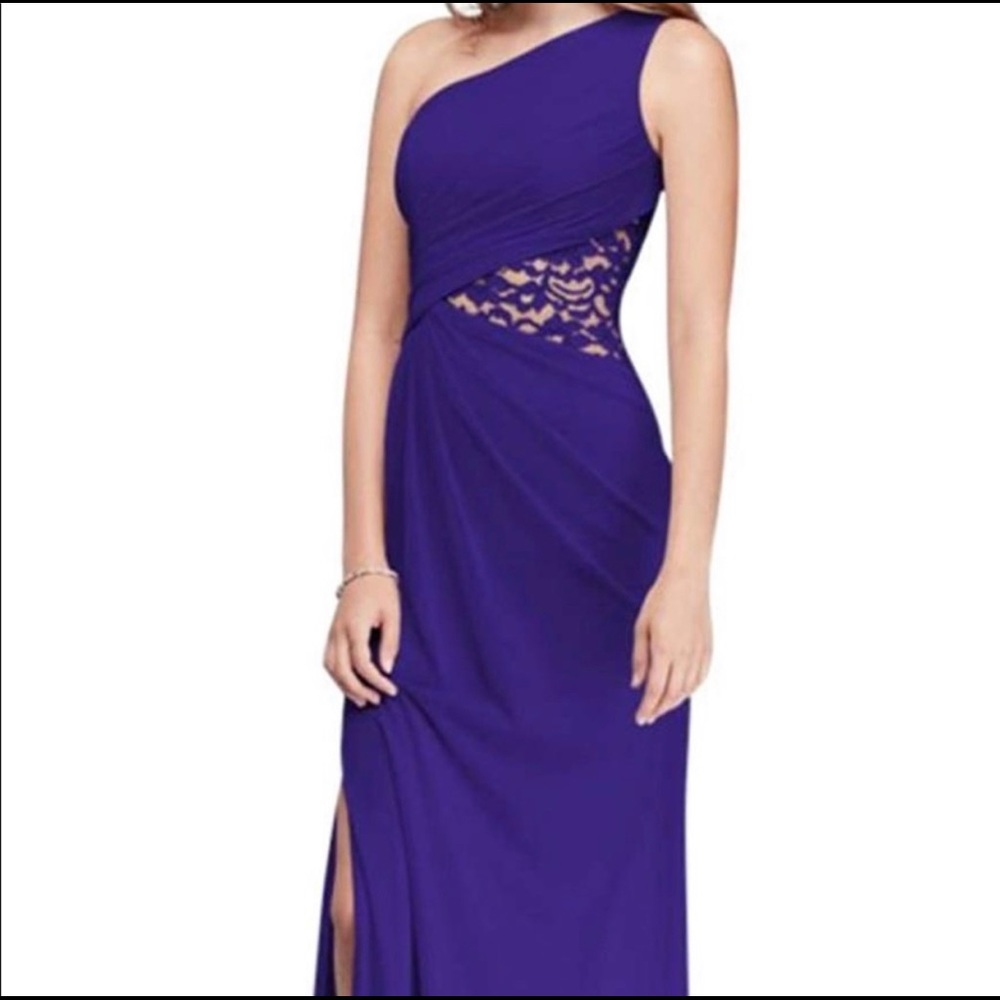 David’s Bridal one shoulder mesh bridesmaid dress